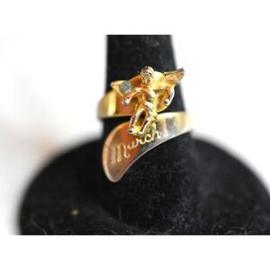 March Engraved Aquamarine Birthstone Cupid Wrap Size 5 Gold Tone Ring